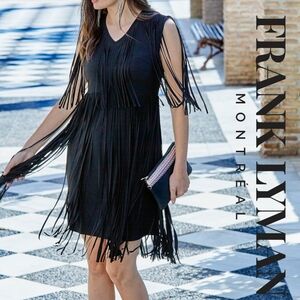 Frank Lyman Black Fringe Sleeveless Dress Flapper Midi Goth XS
